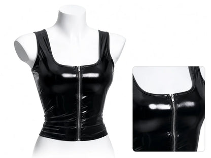 Women's Shiny Leather Tank Top Wet Look Zipper Sleeveless Faux Latex Short Vest Sexy Clubwear Fashion Customizable Top