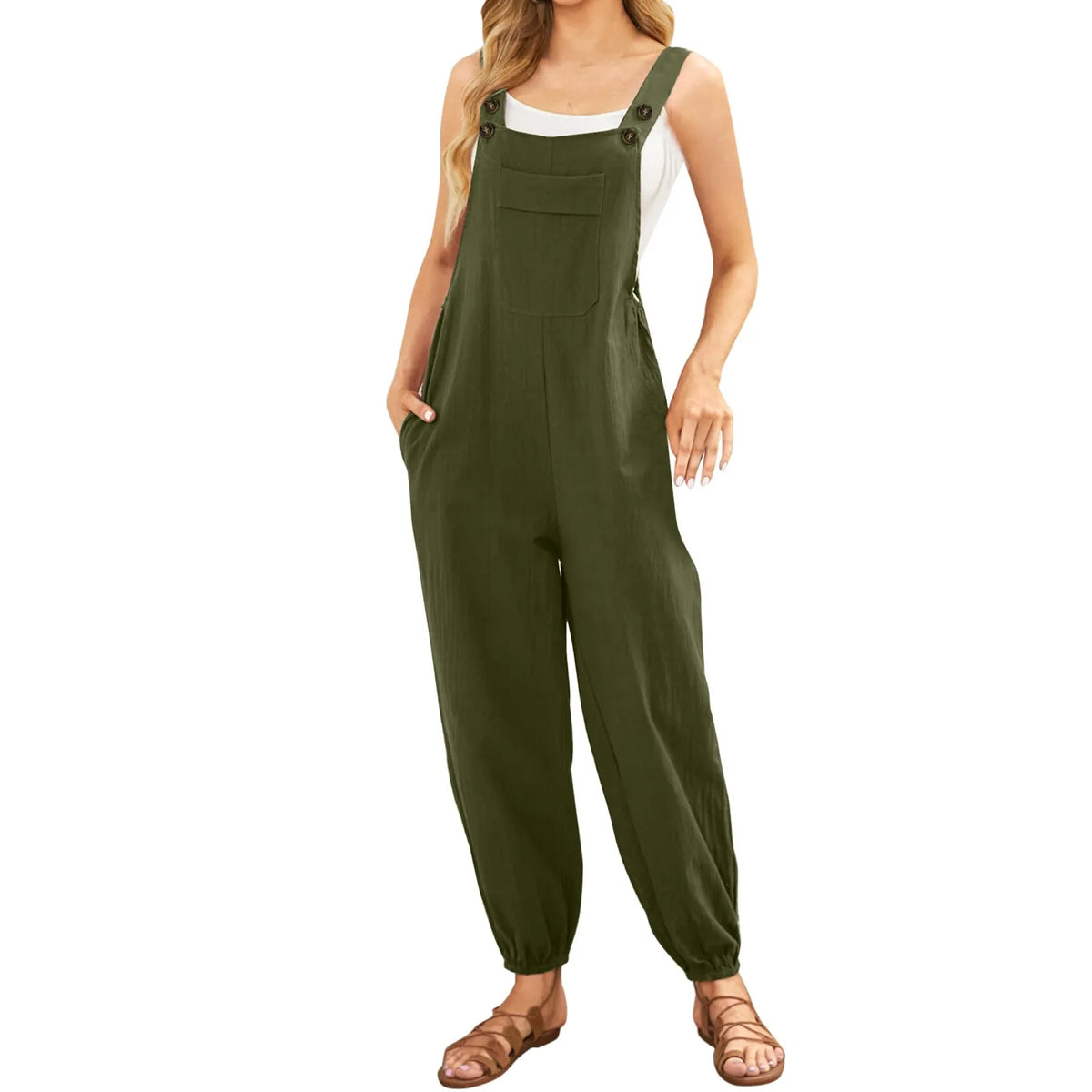 Women'S Sleeveless Overalls Jumpsuit Casual Solid Color Summer Wide Leg Bib Pants Bottons Jumpsuits Rompers With Pockets