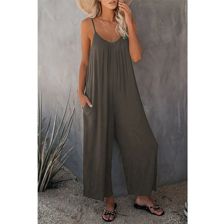 2026 High-Quality Strap Summer New Thick Pure Color Pocket Casual Women's Overall Pants
