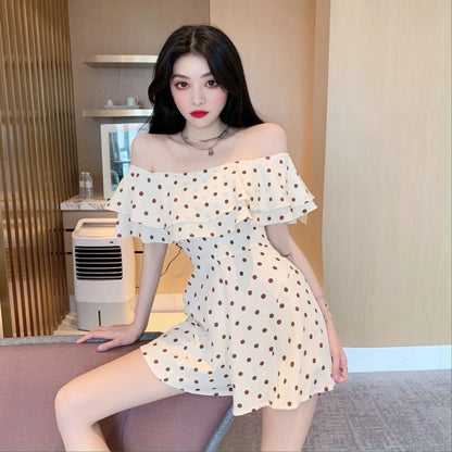 2025 Summer New Women Korean Off-shoulder Short Jumpsuit Female Chiffon Polka-dot Playsuits Ladies Short Sleeve Thin Rompers P73