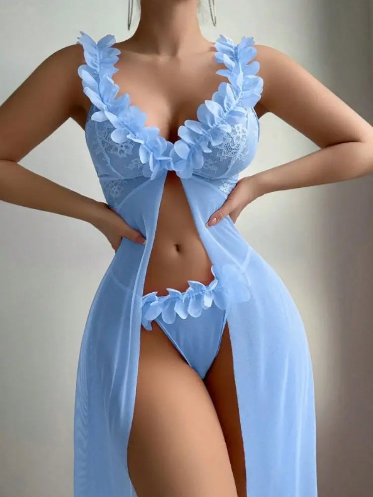 Women Babydolls Nighties Pink Floral Sexy Lingerie Dress Exotic Slip Nightdress Deep-V Lace Mesh See Through Nightgowns