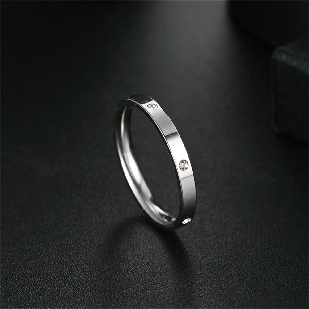 Women's Gold Ring 2mm Thin Silver Color Titanium Stainless Steel Crystal Wedding Rings for Woman Girl Elegant Jewelry Anello