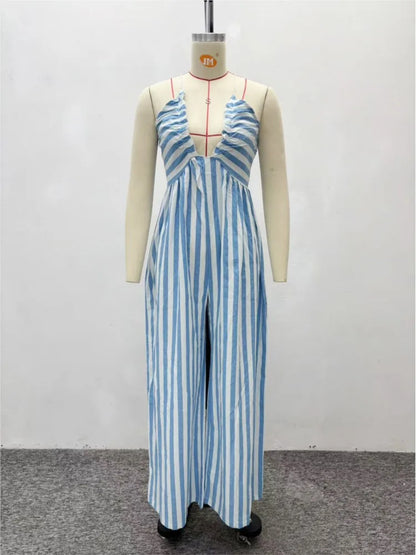 Sexy Jumpsuit Solid Color Casual Striped Halterneck Deep V-neck Wide-leg Jumpsuits Casual Holiday Party Daily Rompers Women's