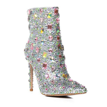 Multi-Color Rhinestone Pointed Toe Stiletto Ankle Boots Woman Winter 2026 Sparkly Crystal Side Zipper High Heel Dress Boots