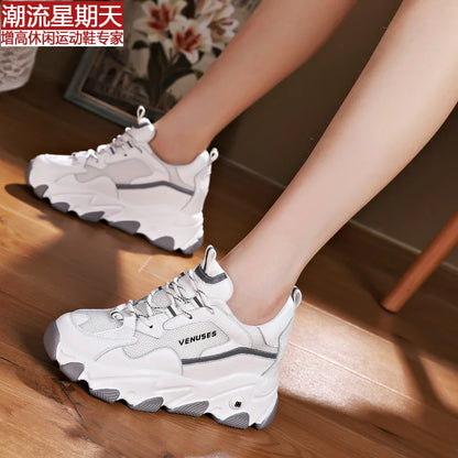 Women With Mesh And Synthetic Leather Upper Lace Up Design Round Toe Non Slip Thick Sole Breathable Casual Sports Shoes Trendy F