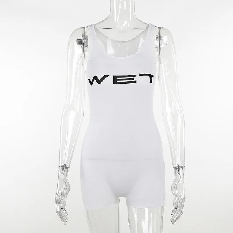 Letter Print Catsuit White One Piece Romper Women Jumpsuit Tank Top Short Playsuit Bodycon Ropa De Mujer Summer Outfits Bodysuit