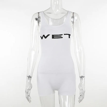 Letter Print Catsuit White One Piece Romper Women Jumpsuit Tank Top Short Playsuit Bodycon Ropa De Mujer Summer Outfits Bodysuit