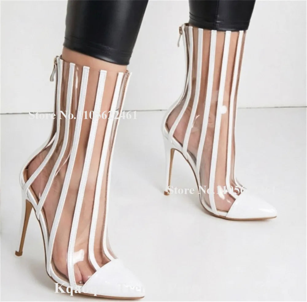 Kqaoqao Red Silver White Stripes Patchwork Stiletto Heel Short Boots Pointed Toe Transparent PVC Thin Heel Ankle Booties