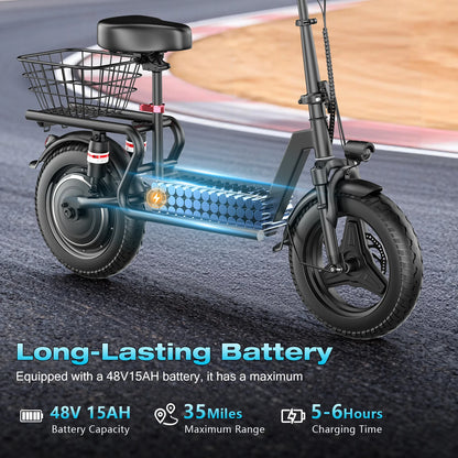 ASKGO Adult Foldable Electric Scooter with Seat, 1000W Peak Motor, Up to 25MPH, 35-Mile Long Range, 48V 15Ah Battery, 14" Tires, Dual Suspension, Commuting E-Scooter Equipped with Rear Basket