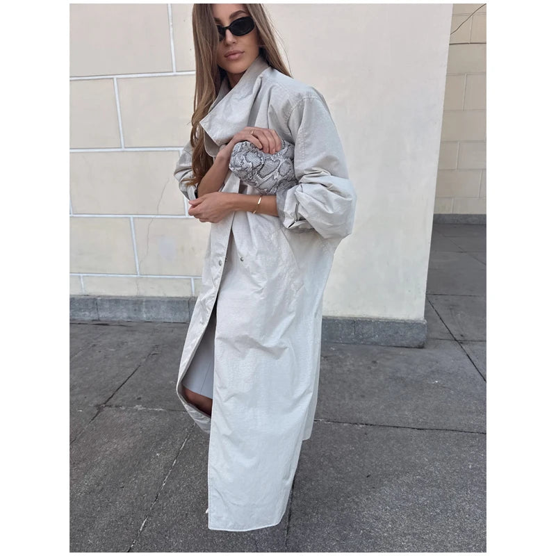 Women Black Long Solid Color Trench Coat Stand Collar Loose Drop Shoulder Single-breasted Windbreaker Lady Commute Outing Wear