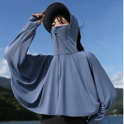 Solid Color Sunscreen Hoodie Long Sleeve Large Brim Hat Summer Sunscreen Shawl Thin Arm Sleeves Ice Silk Short Jacket Running