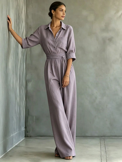 Women's Mid-sleeve Shirts Jumpsuits Spring Summer New 2026 New Fashion Elegant Waisted Lace-up Wide-leg Trousers Female Rompers