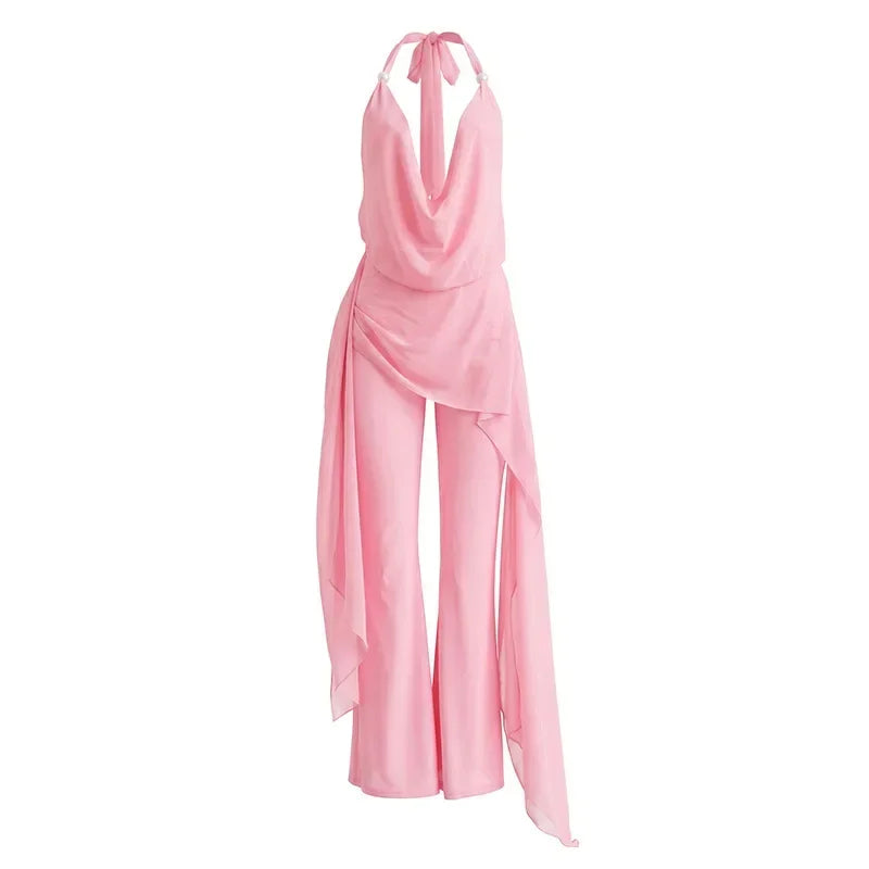 Summer Sexy Backless Halter Chiffon Jumpsuits Women Club Party Rompers Bodycon Fashion Sleeveless V Neck Overalls Beach Vacation