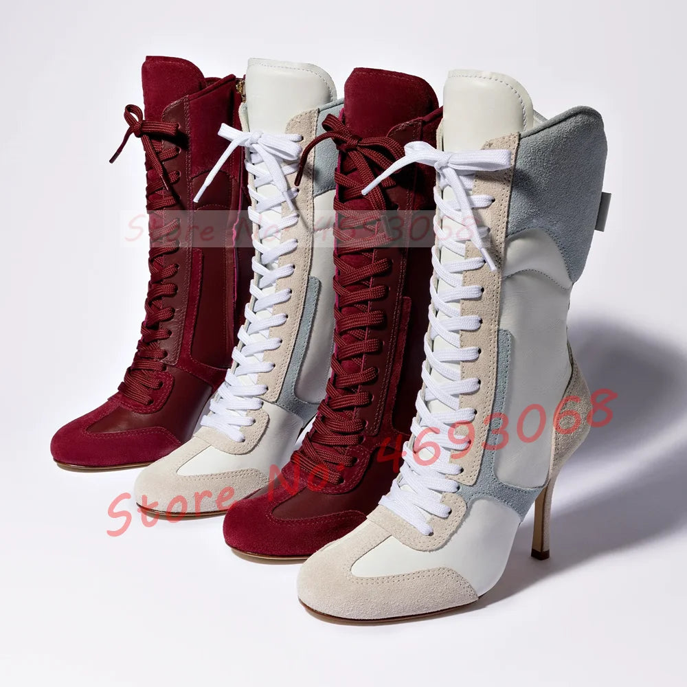 Grey White Splicing Suede Sneaker Boots Women Chic Round Toe Mixed Color High Heels Shoes Women Newest Lace Up Party Ankle Boots