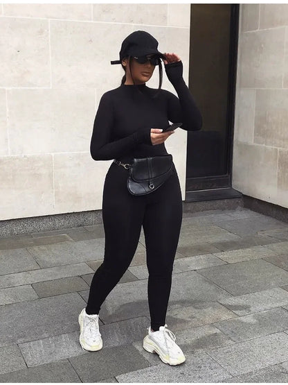 solid black/gray long sleeve skiing jumpsuit women elastic hight outfit fashion fitness sportwear slim rompers streetwear