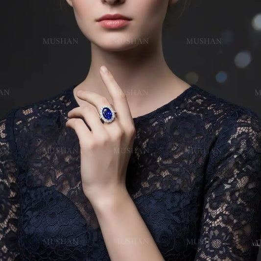 MUSHAN Luxury Jewelry 925 Sterling Silver Rings Bands For Women 4.4 Carat Blue HCD Gemstones Sapphire 8*12mm Oval Ring Jewelry