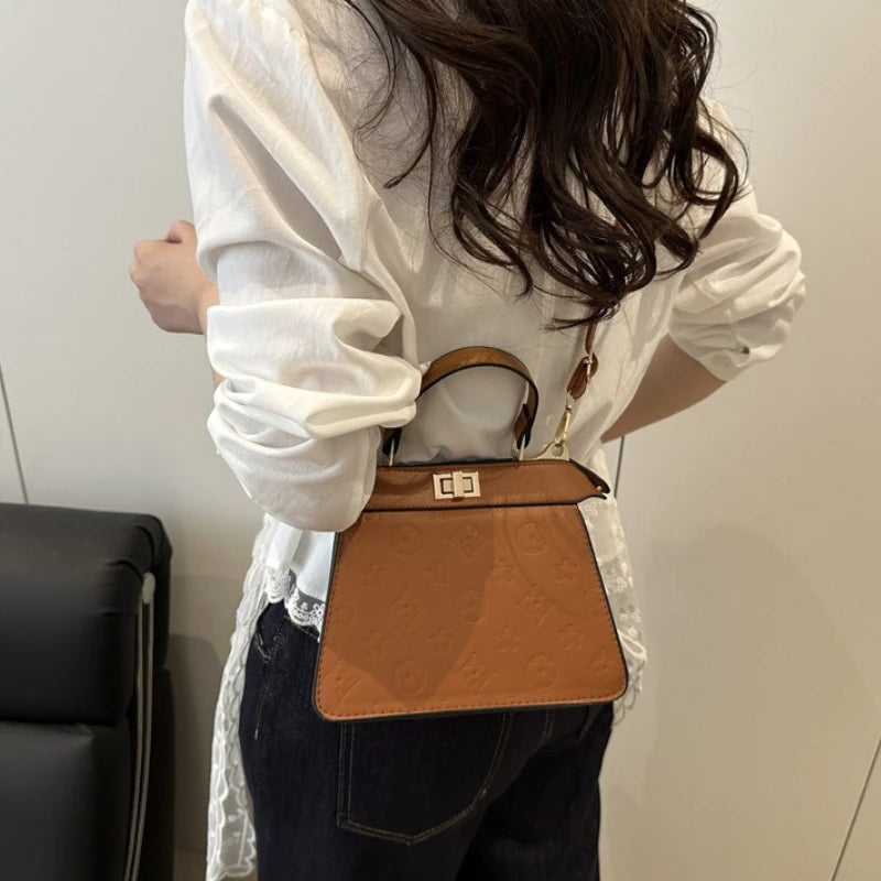 Fashion Embossed Top Handle Bags for Women,Metal Turn Lock Handbag, Adjustable Crossbody Strap,versatile Purse for Daily Outings