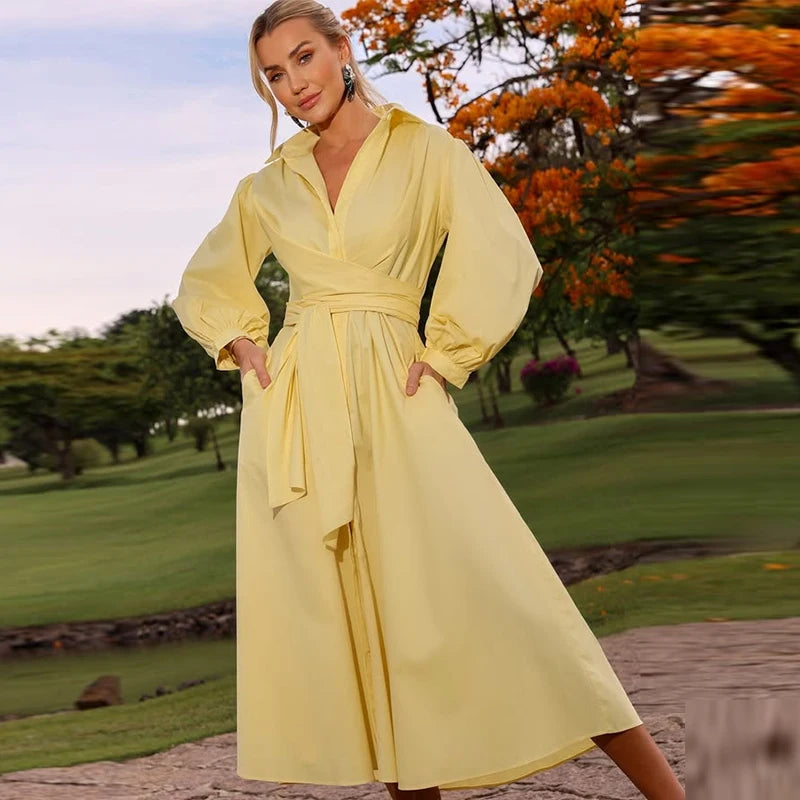 Fashion Women's Shirt Style Dress Waist-Closed Long Sleeve Turn-Down Collar Lace Up Dresses 2025 Summer Casual Female Vetidos