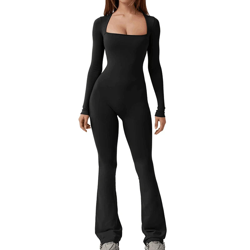 Foreign Trade Women's Long Sleeved Waist Cinching and Waist Lifting Square Collar Wide Leg High Elastic Jumpsuit