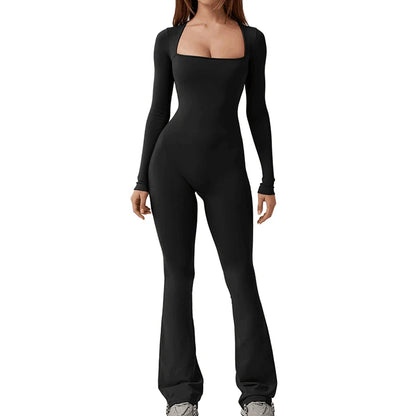 Foreign Trade Women's Long Sleeved Waist Cinching and Waist Lifting Square Collar Wide Leg High Elastic Jumpsuit