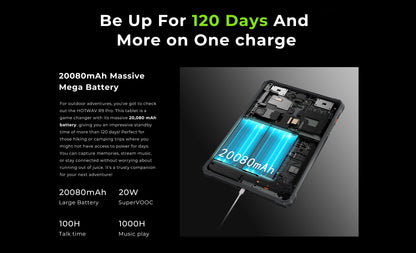 HOTWAV R9 Pro Global Dual 4G Rugged Tablet 11'' FHD+ 2K Large Display 20080mAh Massive Battery 20W Fast Charging Pad Android 14 6GB RAM 256GB ROM/2TB Expansion 64MP+16MP Camera Global 4G Tablet PC With Super Camping Light