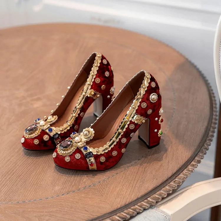 Purple Velvets Women Shallow Pumps Round Toe Crystal Gold Decorations Chunky High Heels 10cm Wine Red Prom Party Creepers Sapato