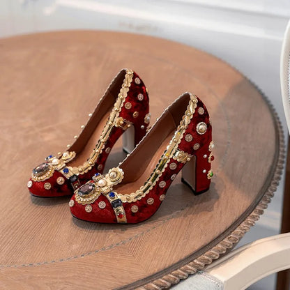 Purple Velvets Women Shallow Pumps Round Toe Crystal Gold Decorations Chunky High Heels 10cm Wine Red Prom Party Creepers Sapato