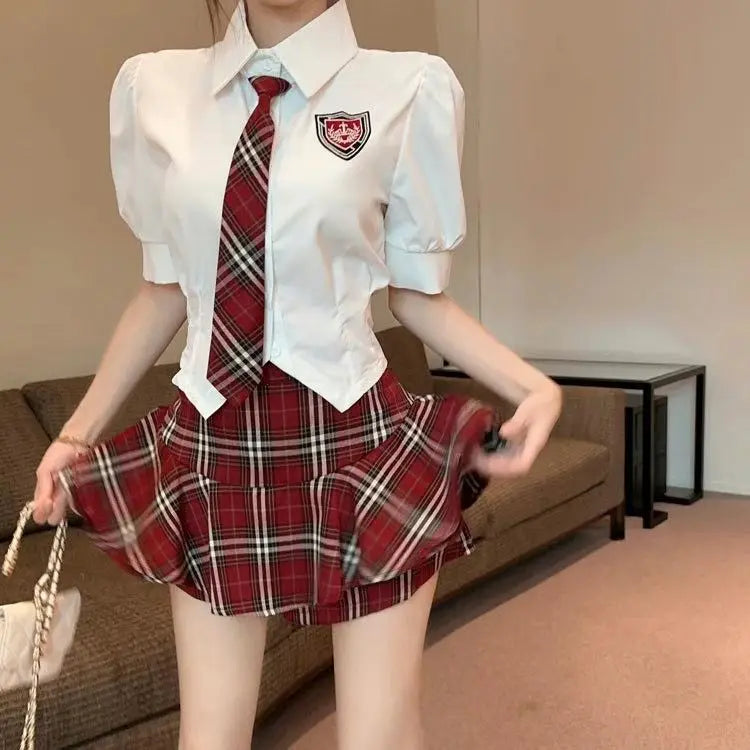2025 improved cute sexy korea jk suit women autumn jk school uniform women shirt plaid pleated half skirt fashion two-piece set