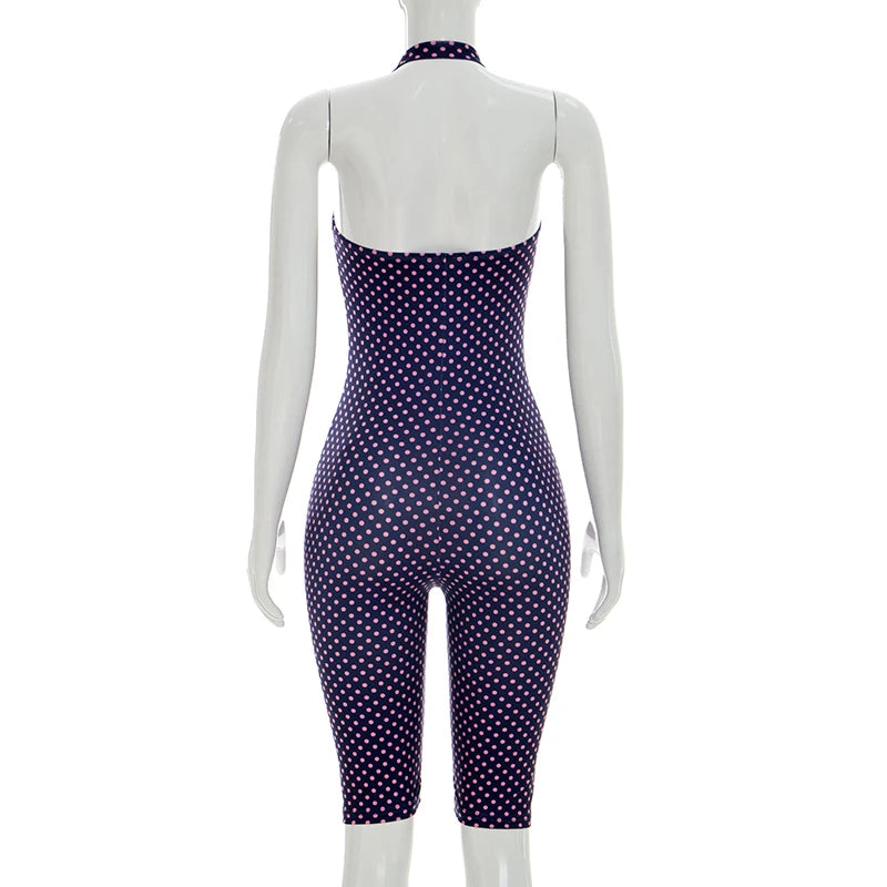 Fashionable polka dot sleeveless hanging neck slim fit jumpsuit, seven part jumpsuit