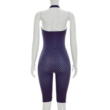 Fashionable polka dot sleeveless hanging neck slim fit jumpsuit, seven part jumpsuit
