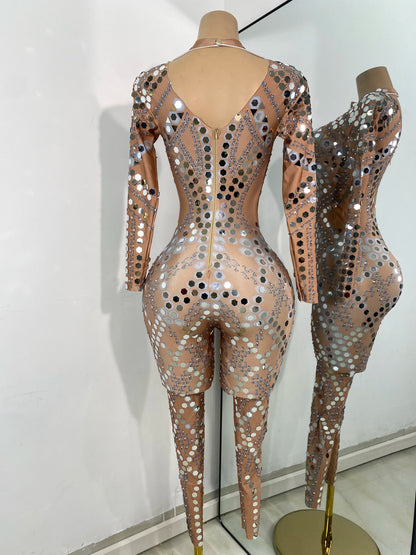 Women Sexy Spandex Tight Jumpsuit Long Sleeve Mirrors Cosplay Costume Nightclub Dancer Outfit Performance Stage Wear