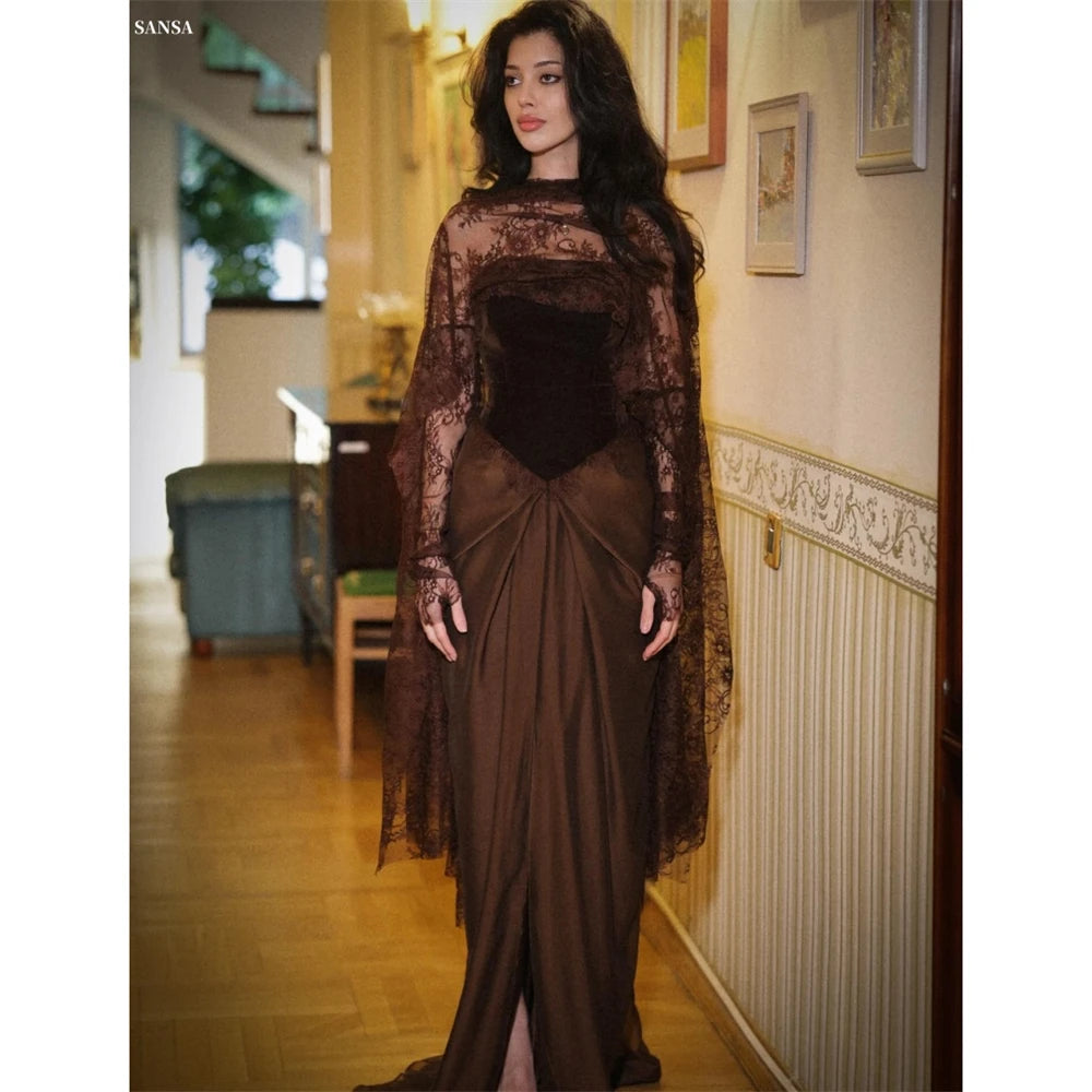 Sansa Customized Brown Front Split Trumpet Side Split Prom Dress Pleats With Shawl Vestidos De Noche Floor-Length Formal Evening