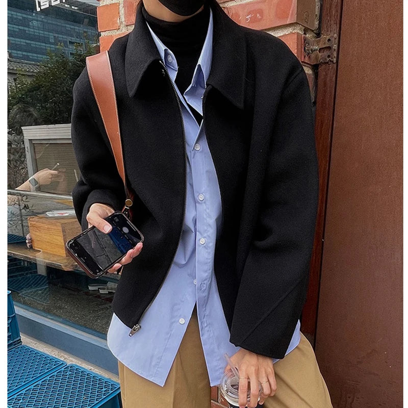 Women Winter Woolen Coat Fall Turn-Down Collar Single Breasted Loose Female Long Sleeve Jacket Office Lady Street Short Coats