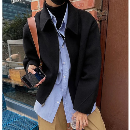 Women Winter Woolen Coat Fall Turn-Down Collar Single Breasted Loose Female Long Sleeve Jacket Office Lady Street Short Coats