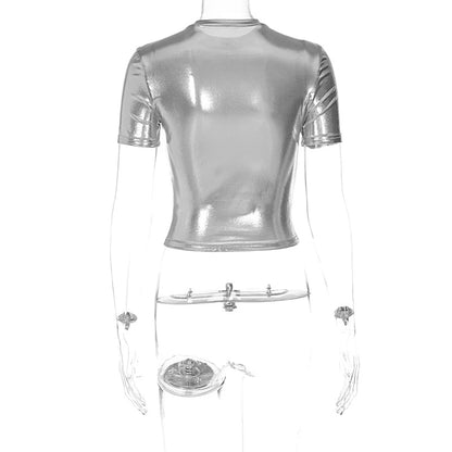 Leather Solid O Neck Short Sleeves Sexy Slim Y2K T-Shirt Top 2024 Summer Women Fashion Tees Streetwear Grunge Clothes