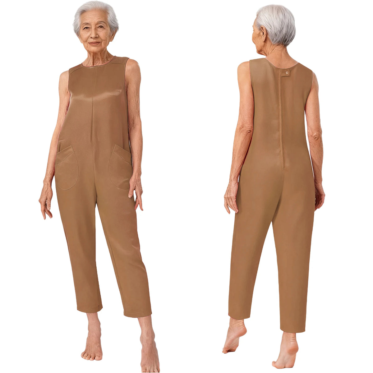 Women Elderly Alzheimer Special Needs Adaptive Jumpsuit Back Zipper Anti-Strip Pockets Rompers Daily Wear Homewear Sleepwear