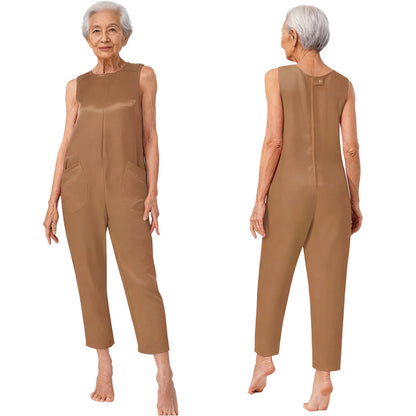 Women Elderly Alzheimer Special Needs Adaptive Jumpsuit Back Zipper Anti-Strip Pockets Rompers Daily Wear Homewear Sleepwear