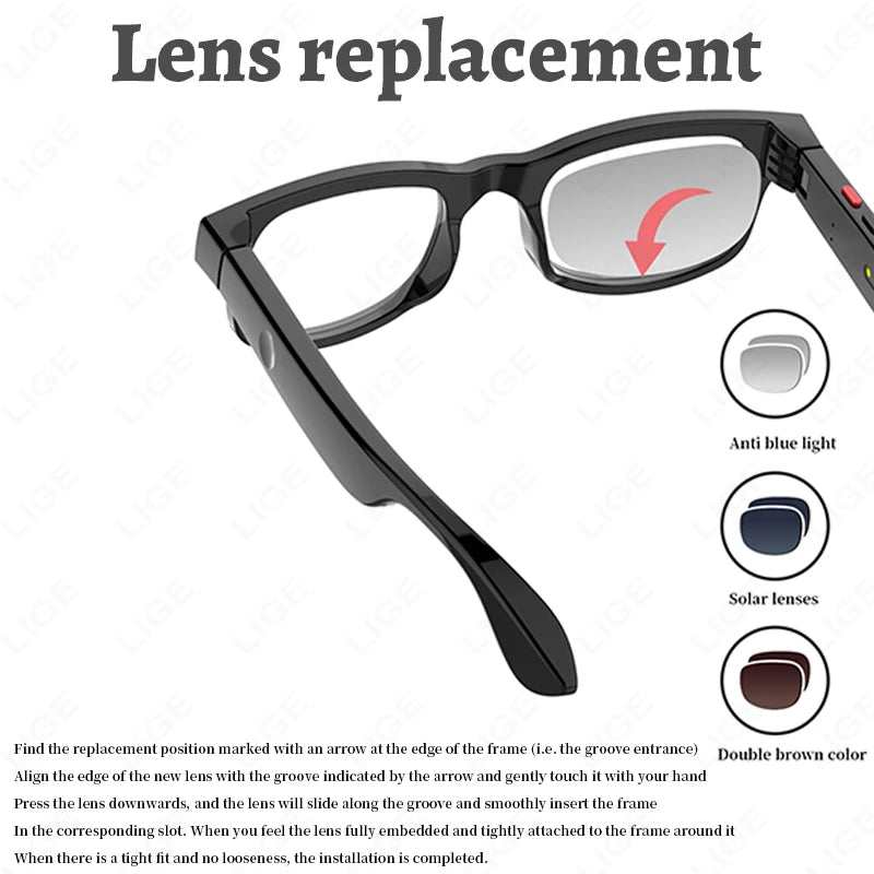 LIGE New Smart Glasses 500W Camera HD Video Recording Bluetooth Call Glasses AI Smart Translation Sunglasses WiFi Transmission