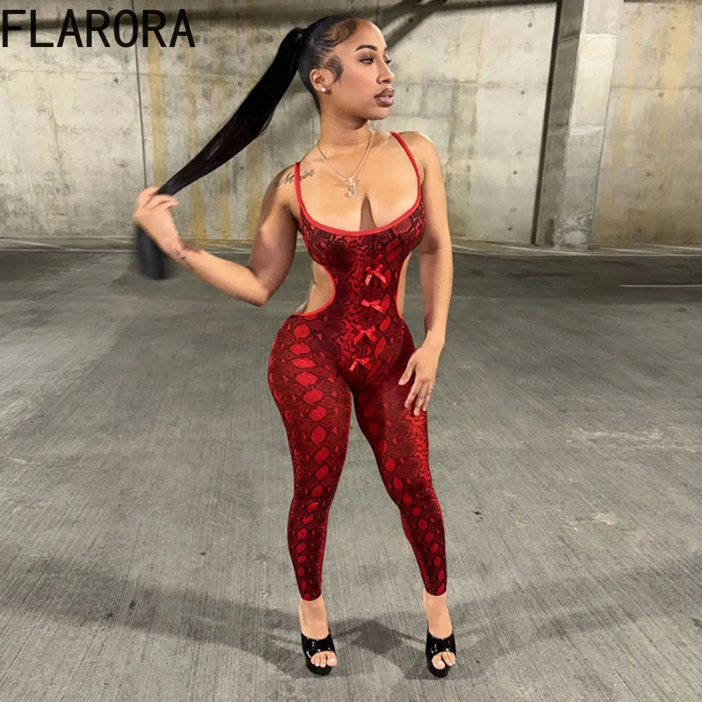 FLARORA Sexy Serpentine Print Jumpsuits Woman Hipster Sling Hollow Backless Skinny Jumpsuit Hottie Party Club Street Overalls
