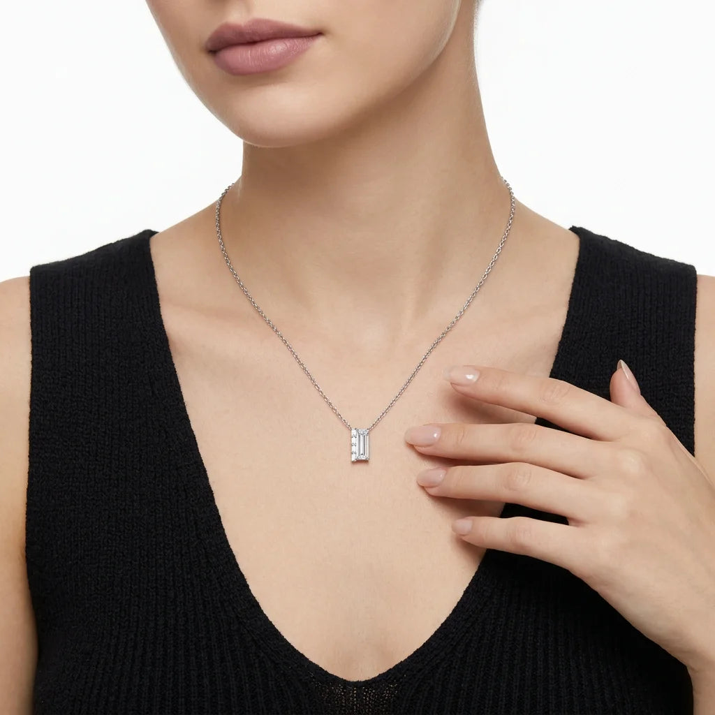 S925 Sterling Silver D‑Color Moissanite Necklace, Emerald Cut & Baguette Stones, GRA Certified Hypoallergenic Gift for Women