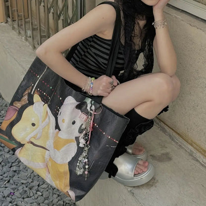 Y2k Hello Kitty Print Handbag Non-woven Fabric Creative Light-weight Shoulder Bag Large Capacity Leisure Shopping Bag for Women