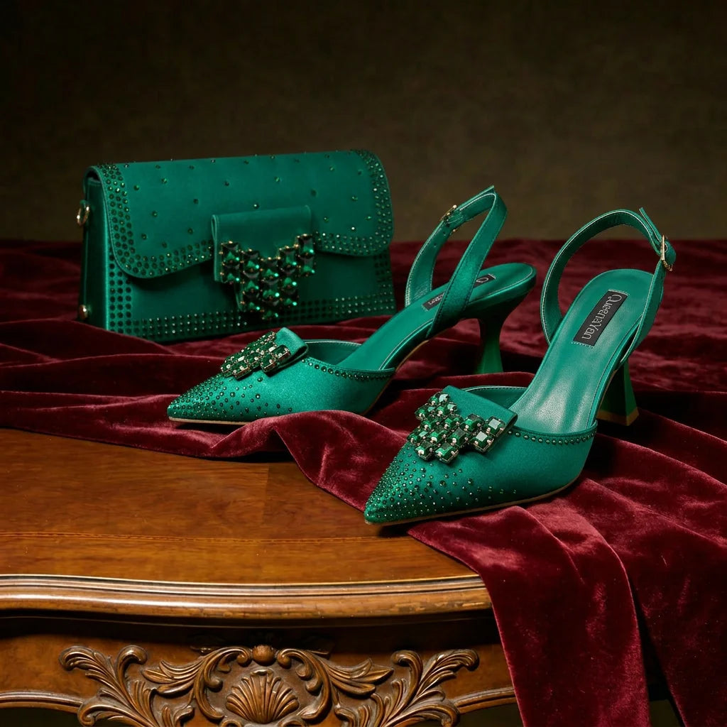 Queen Yan Green Color Rhinestone Comfortable Women's Pumps Heels And Bag Fashion Style Pointed-Toe Shoes For Farty  Occasion