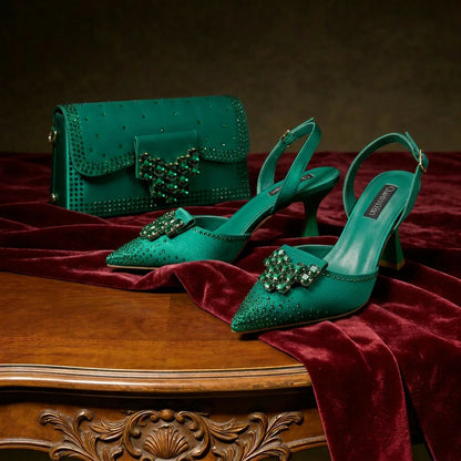 Queen Yan Green Color Rhinestone Comfortable Women's Pumps Heels And Bag Fashion Style Pointed-Toe Shoes For Farty  Occasion
