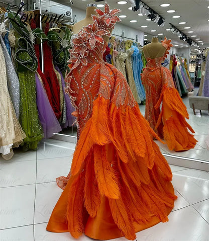 Orange Long Feathers Celebrity Dresses Mermaid Beaded Crystals Red Carpet Runway Dresses Customized Evening Gowns Vestidos 2025