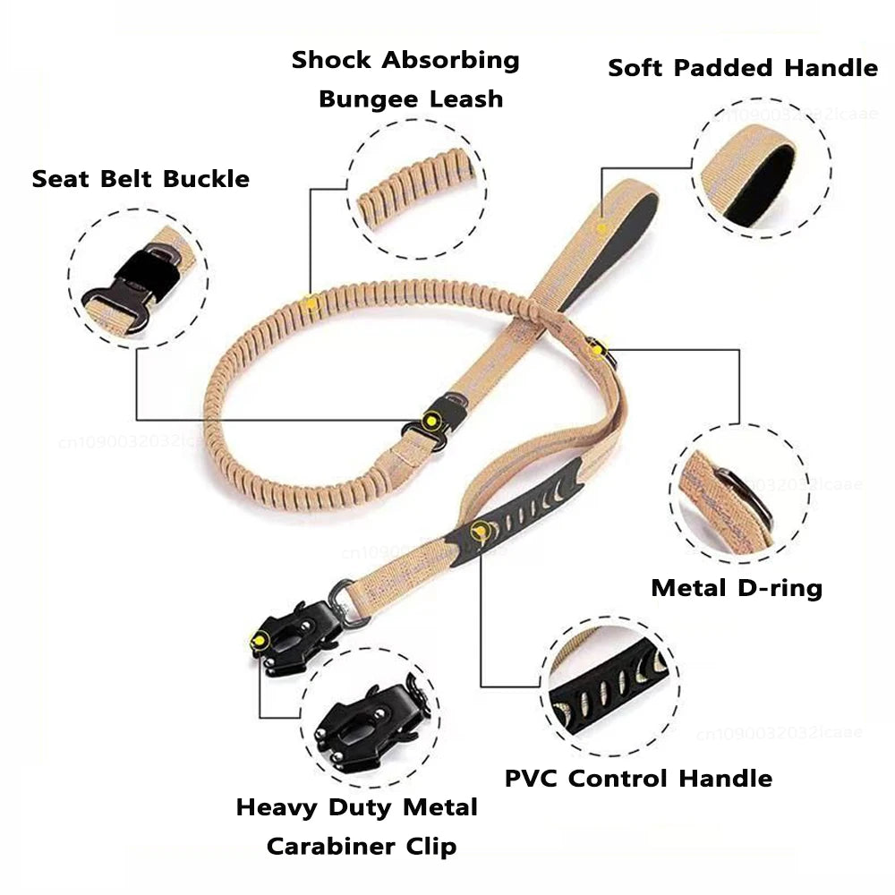 Reflective Shock Absorbing Dog Leashes with Car Seatbelt for Large Dogs Heavy Duty Tactical Bungee Dog Leash No Pull Dog Leash