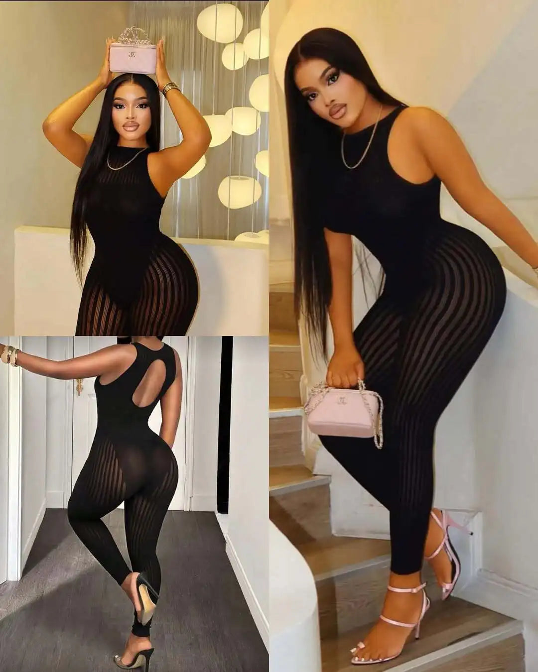 FAGADOER Sexy Mesh See Through Black Jumpsuits Hot Girl Back Hollow Out Patchwork  Bodycon Rompers Night Party Club Playsuits