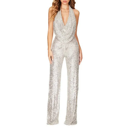 Sequins Sexy Jumpsuits Women Halter Fashion Summer Party Elegant Sleeveless Female New High Waist Street Straight Rompers