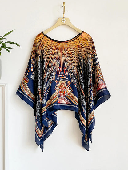 Women's Bohemia Print Chiffon Shawl Summer Beach Sexy Fashion Smock Bikini Cover up Loose Blouse Comfortable Sunscreen Poncho