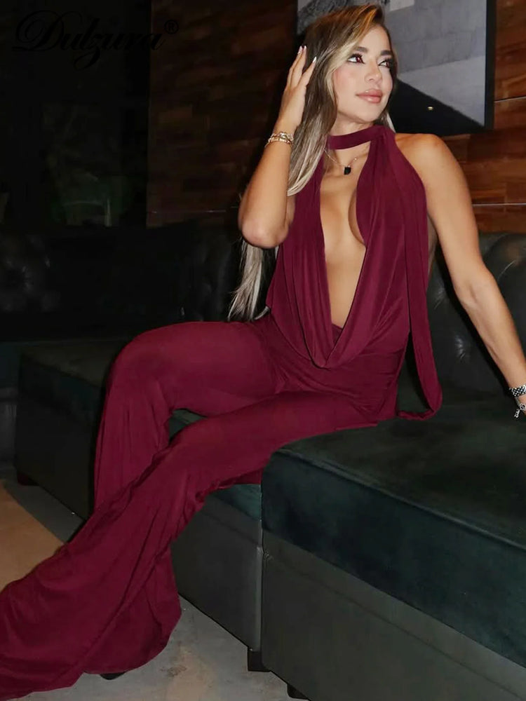 Dulzura Summer Solid Sexy Halter Swinging Collar Backless Slim Lace Up Flared Jumpsuit Women'S Fashion Elegant Party Club Romper