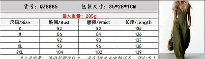 Women V Neck Spaghetti Strap Jumpsuit High Waist Pleated Wide Leg Long Pants with Pockets Casual Vacation Solid Overalls